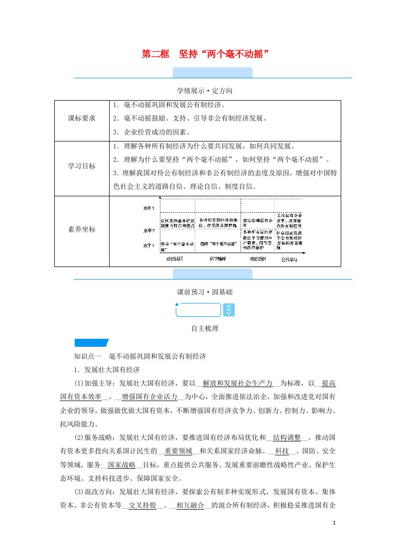 2021_2022学年新教材高中政治第一单元生产资料所有制与经济体制第1课第2框坚持“两个毫不动摇”学案部编版必修2