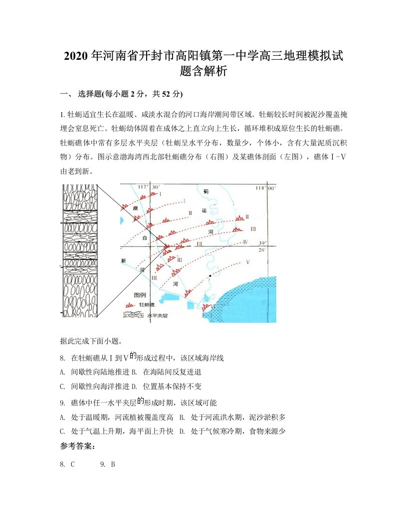 2020年河南省开封市高阳镇第一中学高三地理模拟试题含解析