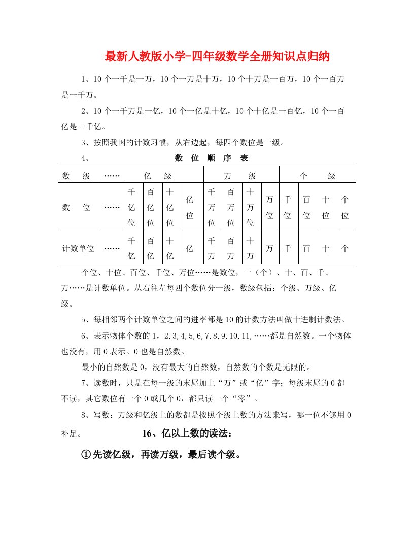 最新人教版小学-四年级数学全册知识点归纳