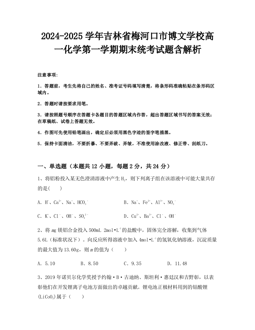 2024-2025学年吉林省梅河口市博文学校高一化学第一学期期末统考试题含解析