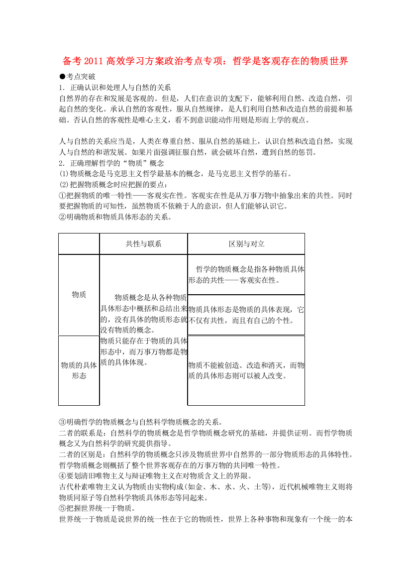 【备考2011】政治高效学习方案考点专项：《哲学是客观存在的物质世界》教案（旧人教版）