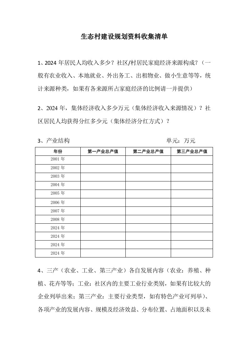 生态村规划提供资料清单