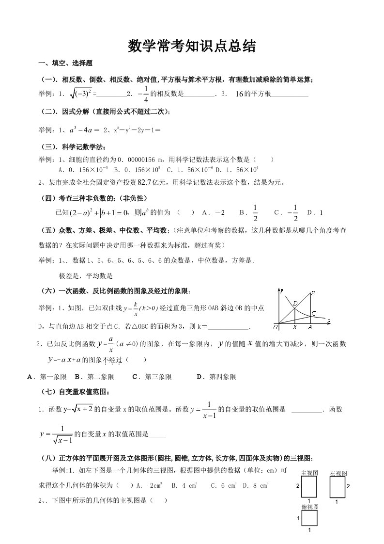 中考数学常考知识点归纳