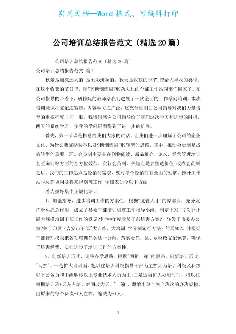 公司培训总结报告范文（汇编20篇）