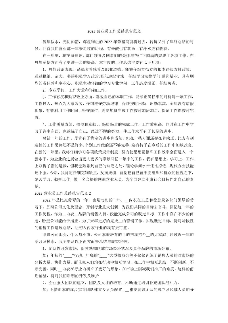 2023年营业员工作总结报告范文