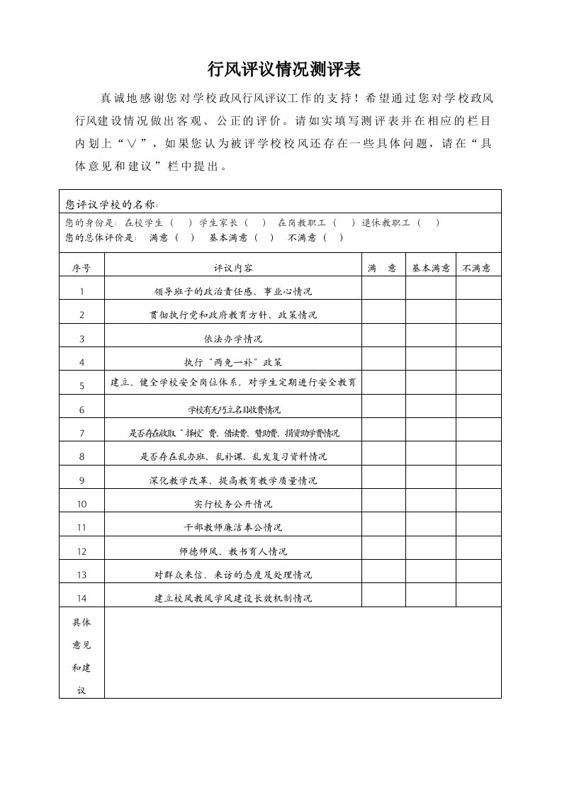 学校政风行风评议情况测评表