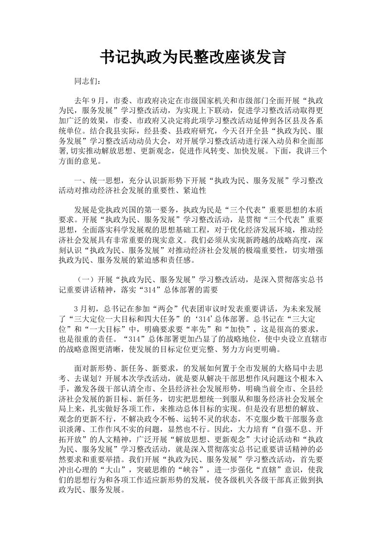 书记执政为民整改座谈发言