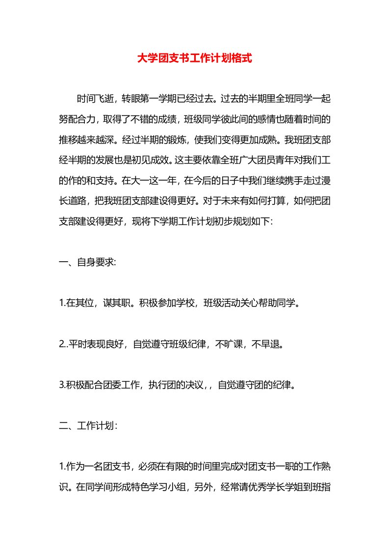 大学团支书工作计划格式