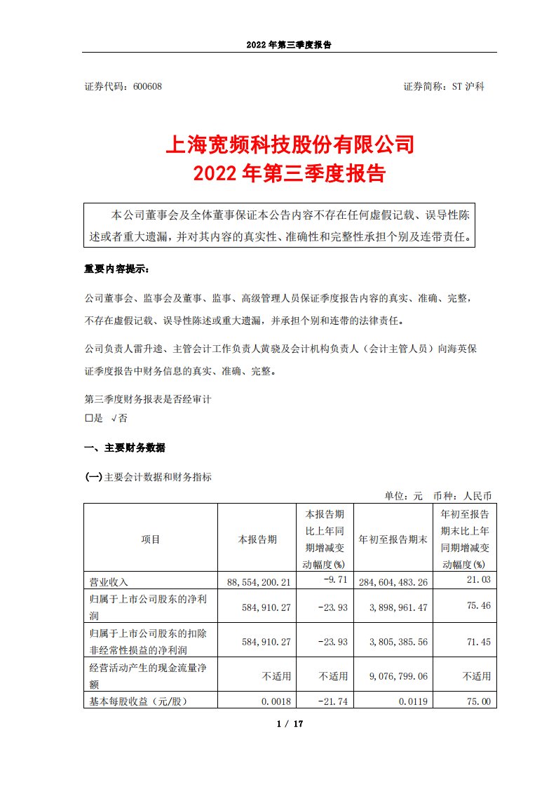 上交所-ST沪科2022年第三季度报告-20221025