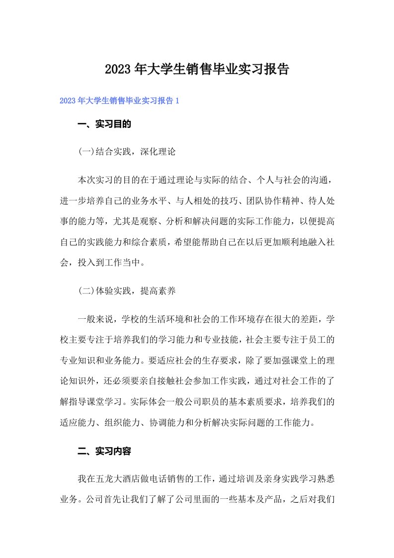 2023年大学生销售毕业实习报告