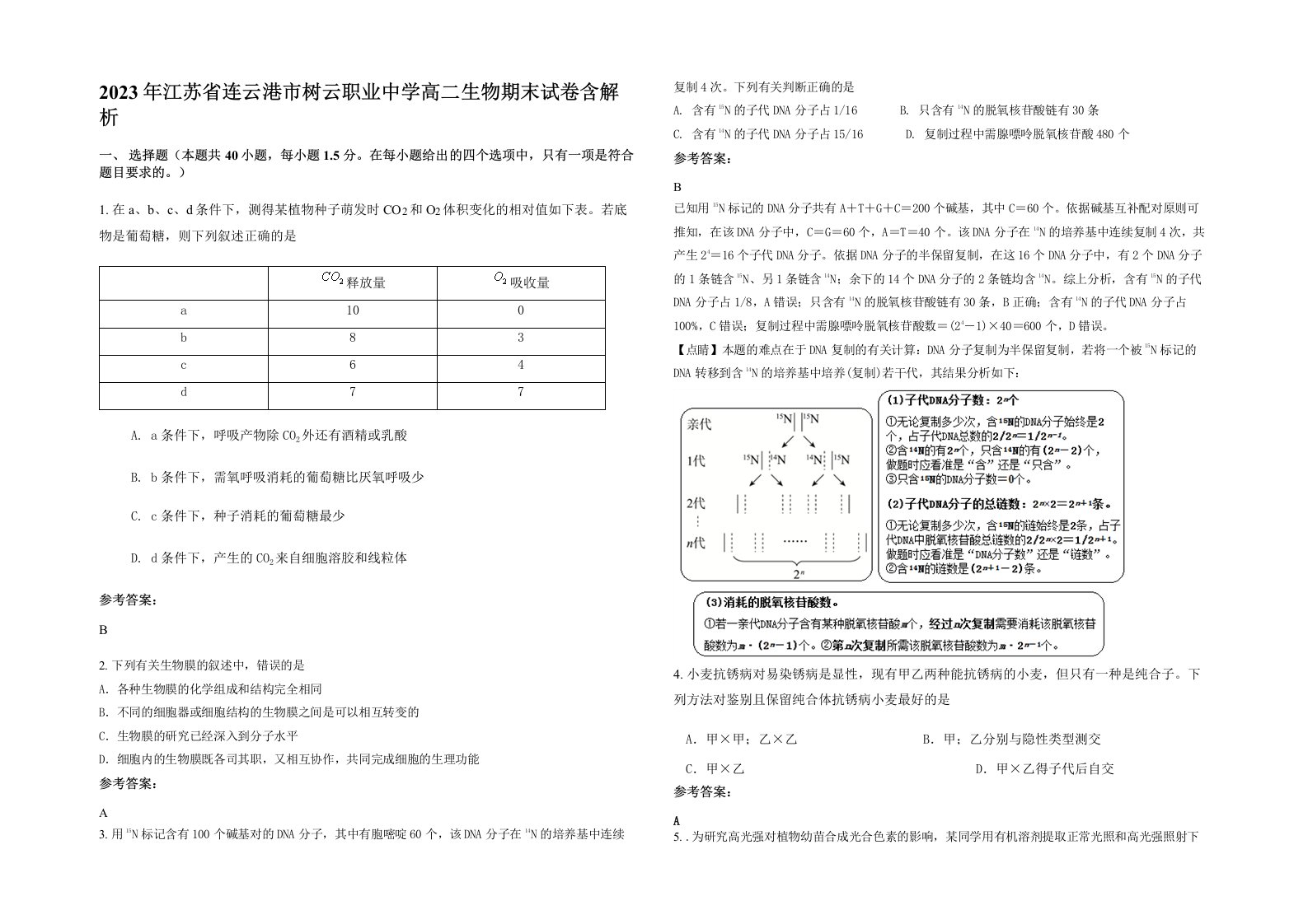 2023年江苏省连云港市树云职业中学高二生物期末试卷含解析