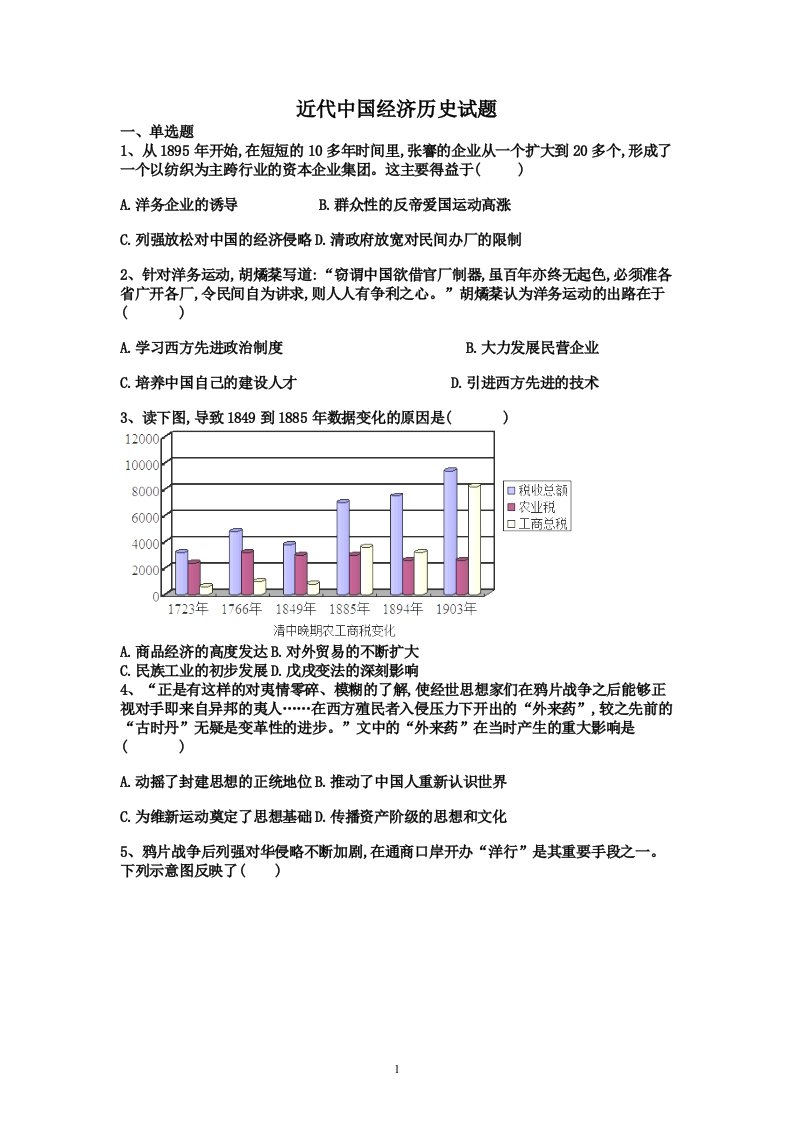 近代中国经济历史试题