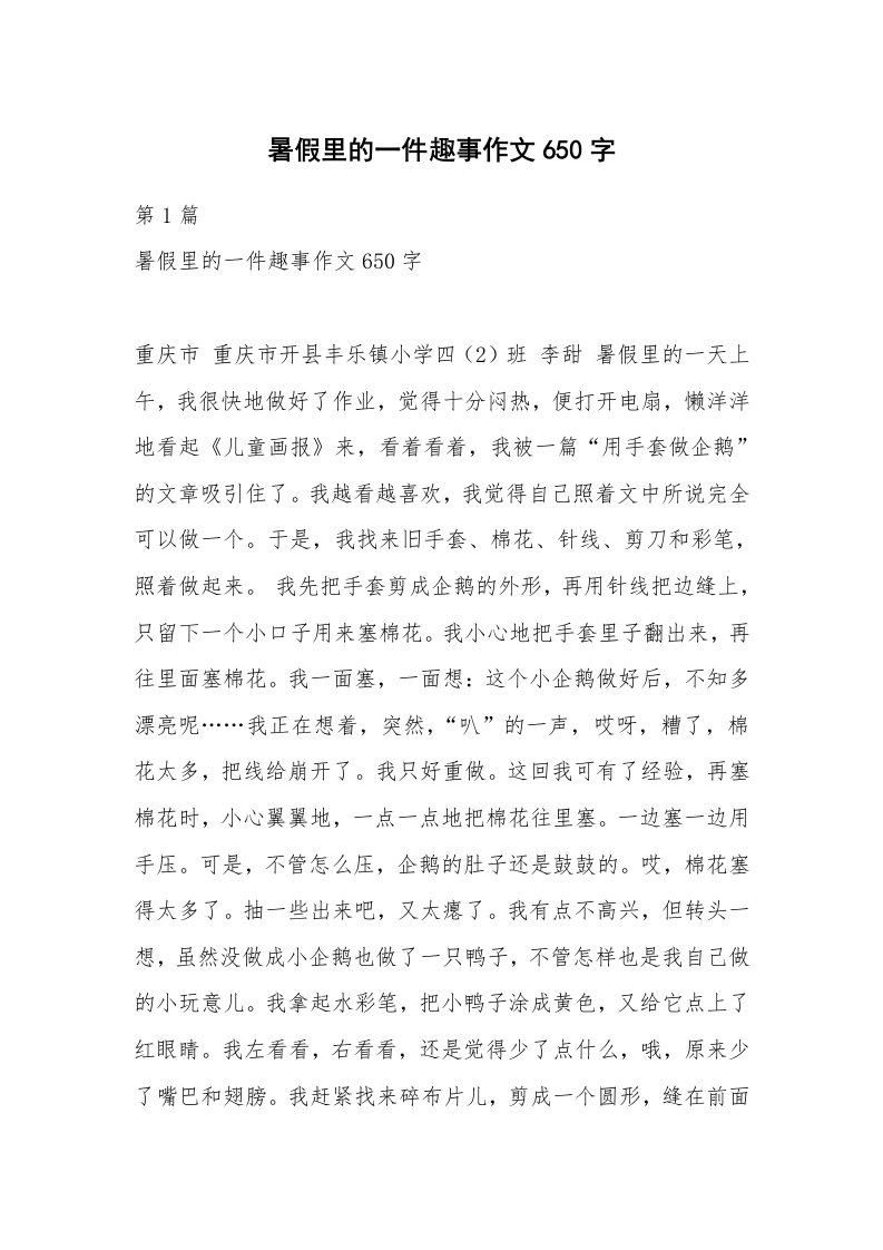 暑假里的一件趣事作文650字