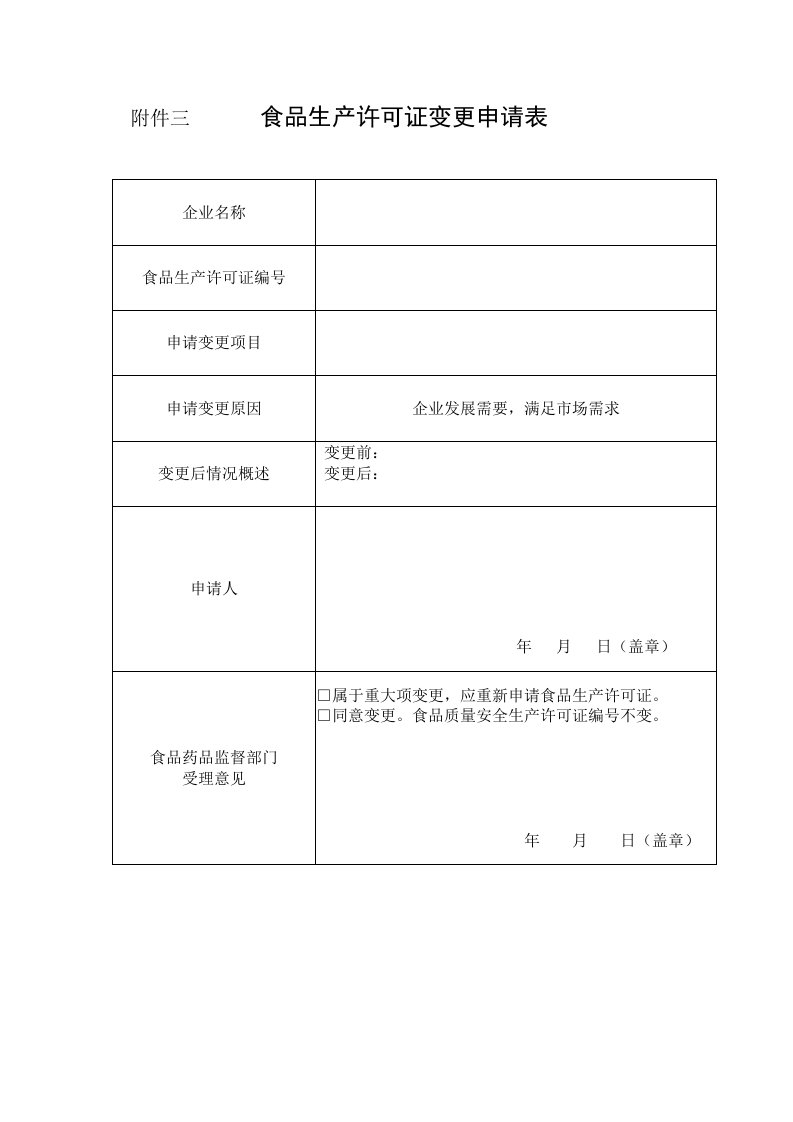 湖北省食品生产许可证变更申请表