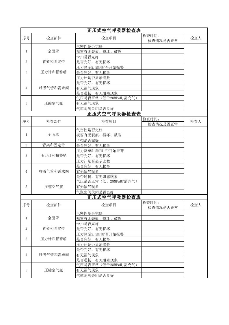 消防应急正压呼吸器检查表