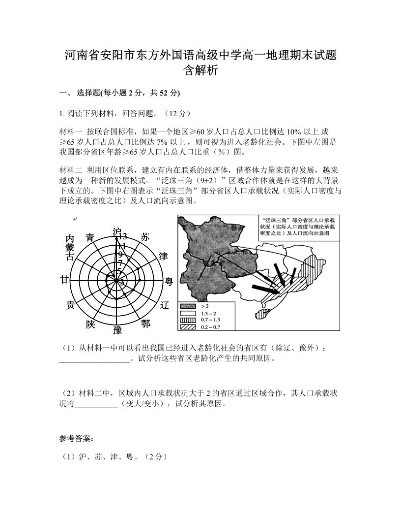 河南省安阳市东方外国语高级中学高一地理期末试题含解析