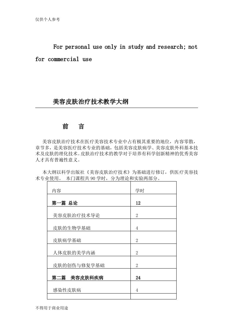 美容皮肤治疗技术教学大纲