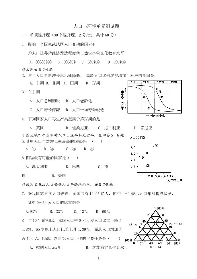 精选第一章人口与环境单元试题1