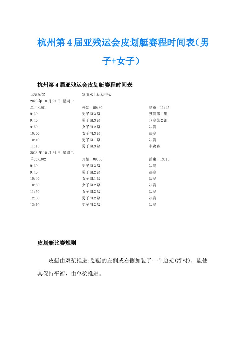 杭州第4届亚残运会皮划艇赛程时间表（男子