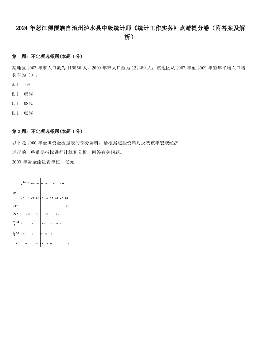 2024年怒江傈僳族自治州泸水县中级统计师《统计工作实务》点睛提分卷（附答案及解析）