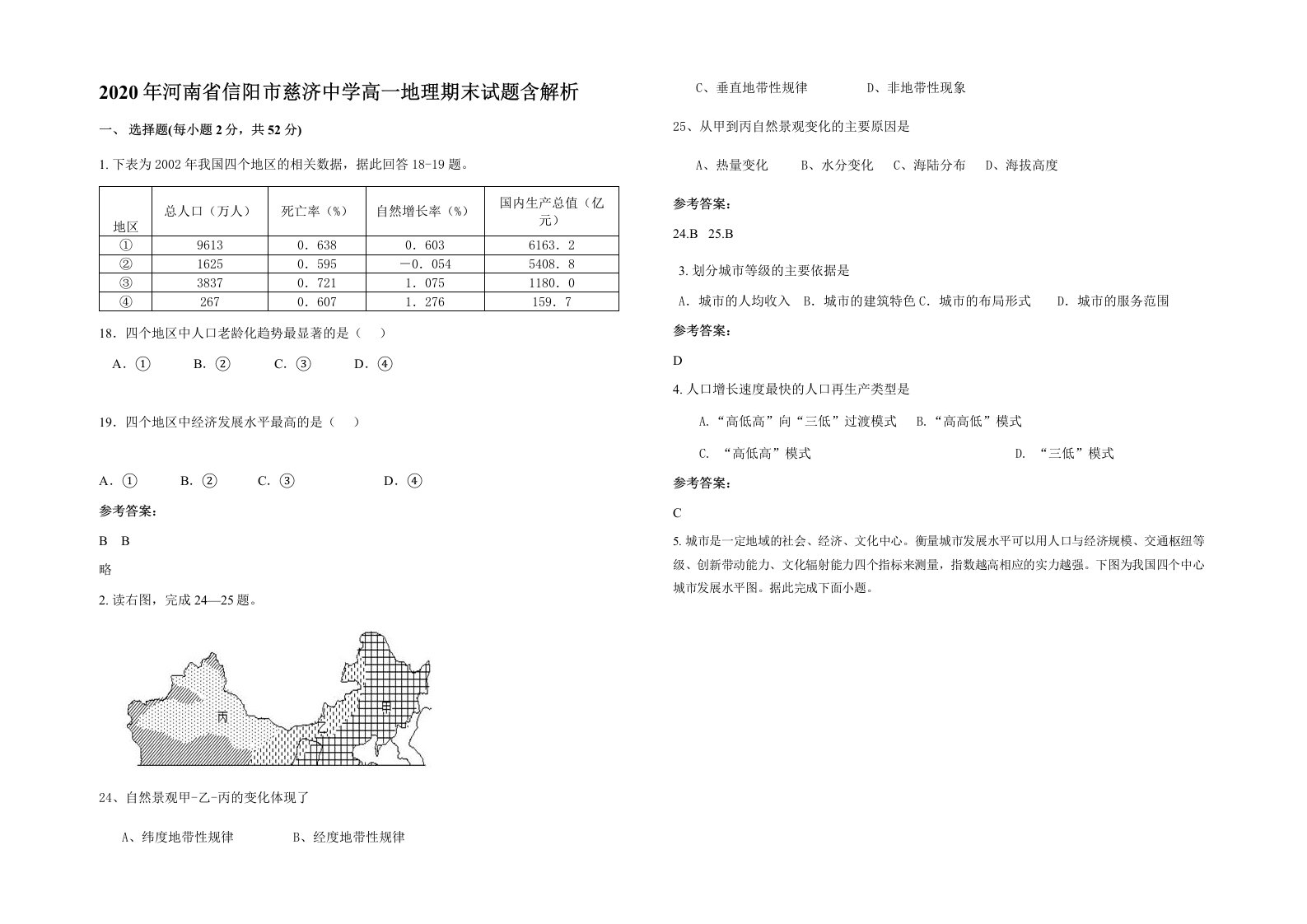 2020年河南省信阳市慈济中学高一地理期末试题含解析