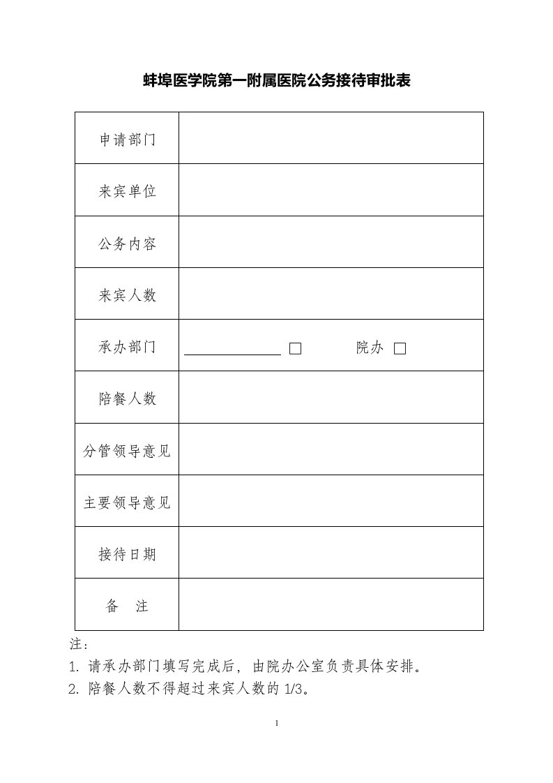 蚌埠医学院第一附属医院公务接待审批表