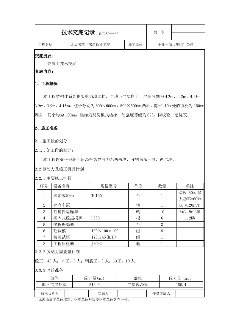 砼施工技术交底