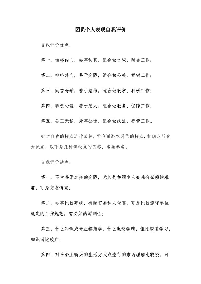 团员个人表现自我评价