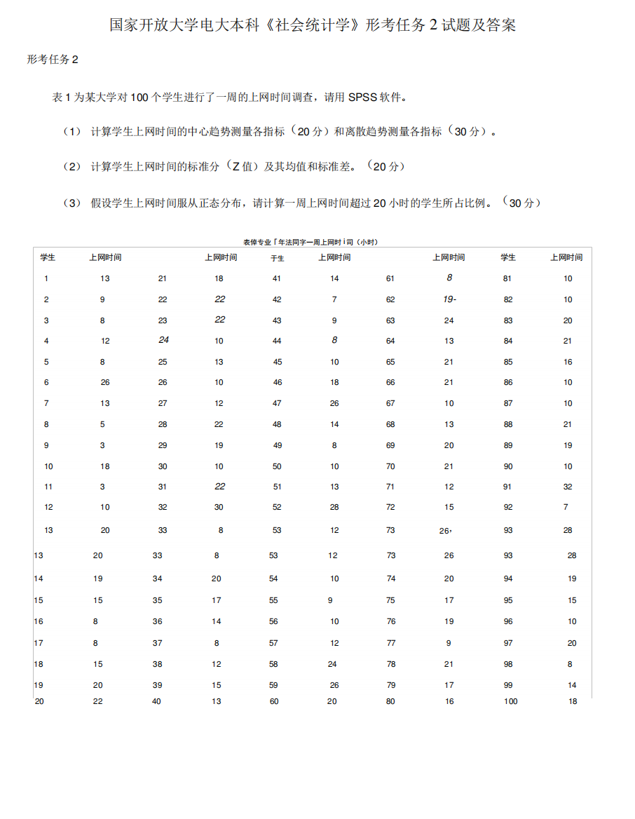 (2021更新)国家开放大学电大本科《社会统计学》形考任务2试题及答案