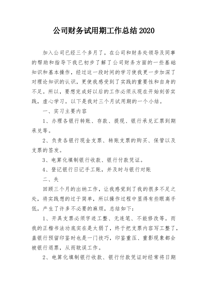 公司财务试用期工作总结2020