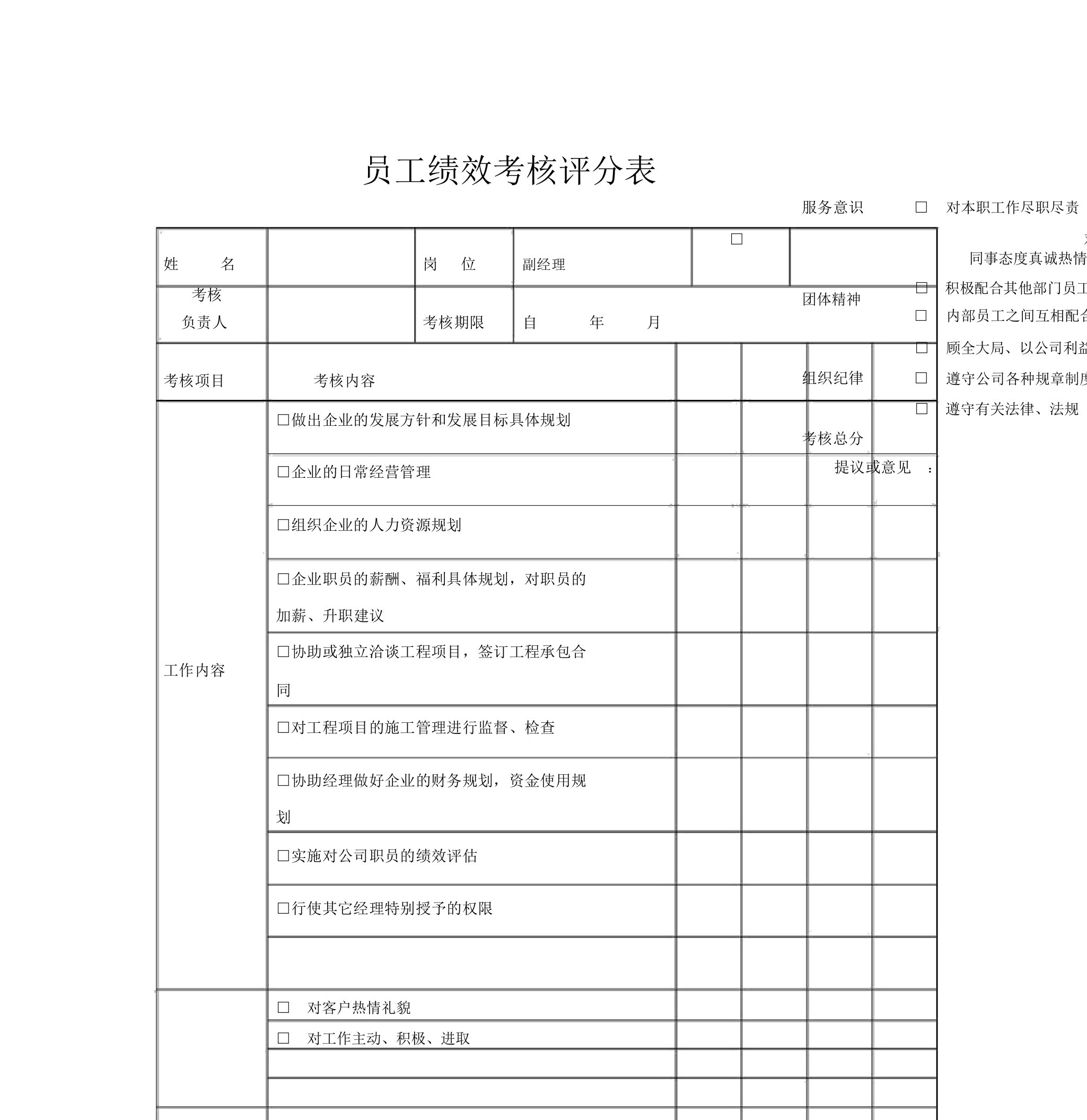 建筑公司员工绩效考核表