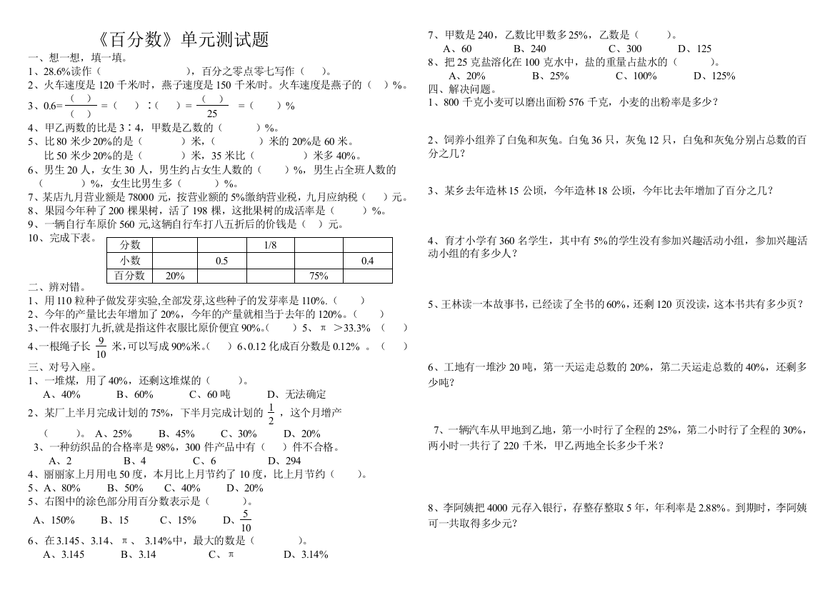 人教版六年级数学上册百分数专项练习