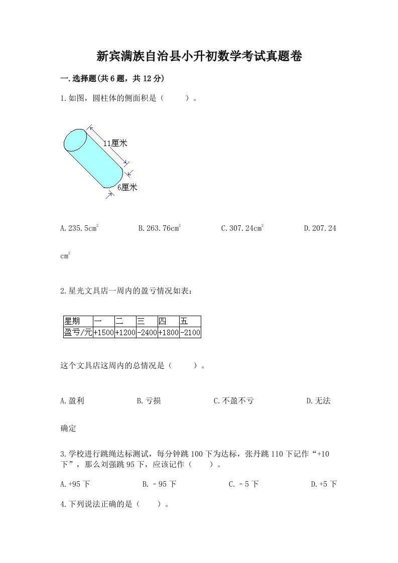 新宾满族自治县小升初数学考试真题卷及答案1套