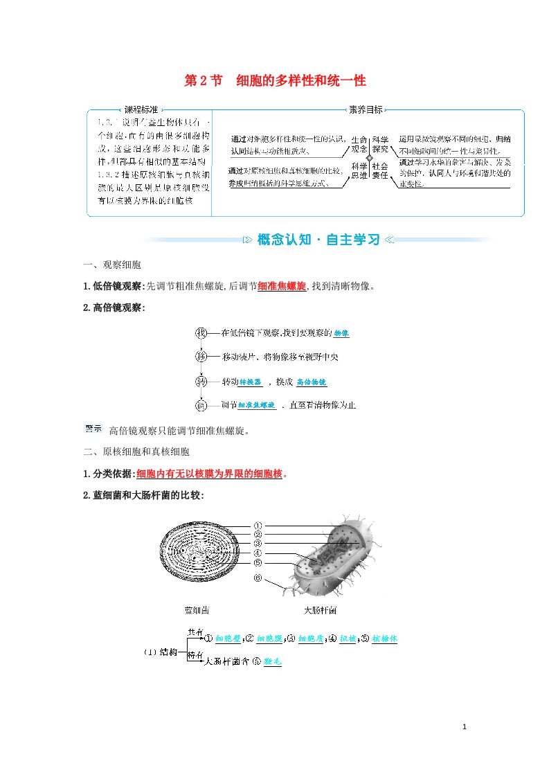 2021_学年新教材高中生物第1章走近细胞第2节细胞的多样性和统一性学案新人教版必修1