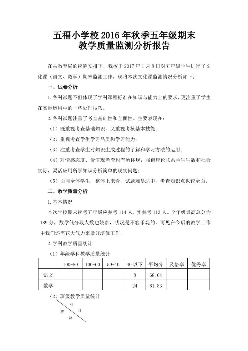 五年级期末教学质量分析报告