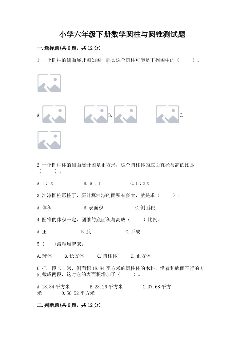 小学六年级下册数学圆柱与圆锥测试题附参考答案【突破训练】