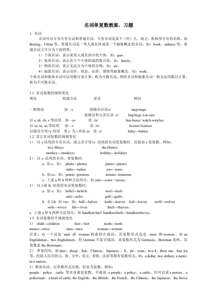 英语名词单复数教案、练习(可直接打印)