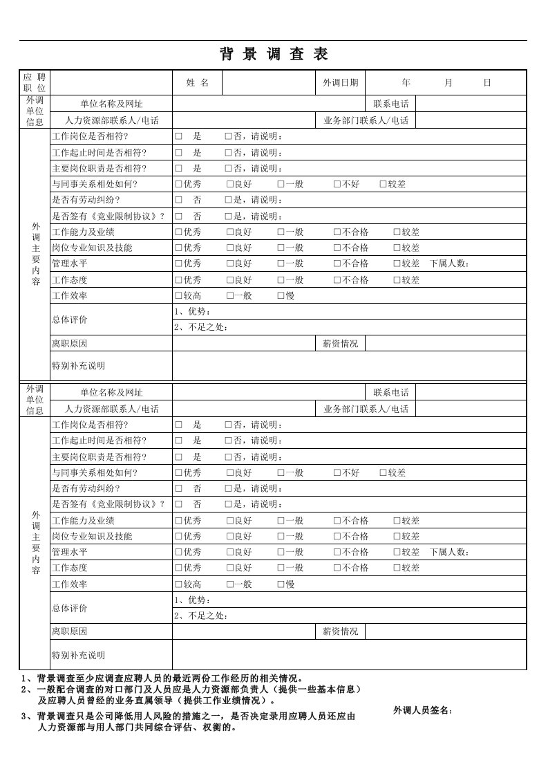 背景调查表(模板)