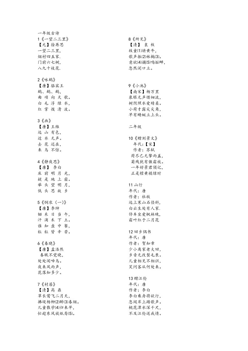 人教版小学生语文1-5年级古诗