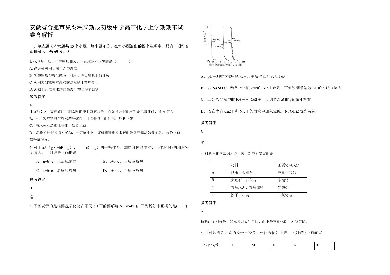 安徽省合肥市巢湖私立斯辰初级中学高三化学上学期期末试卷含解析