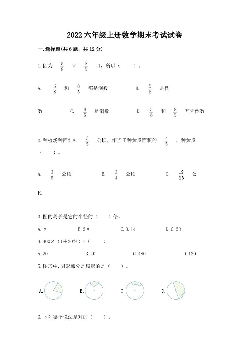 2022六年级上册数学期末考试试卷精品（各地真题）