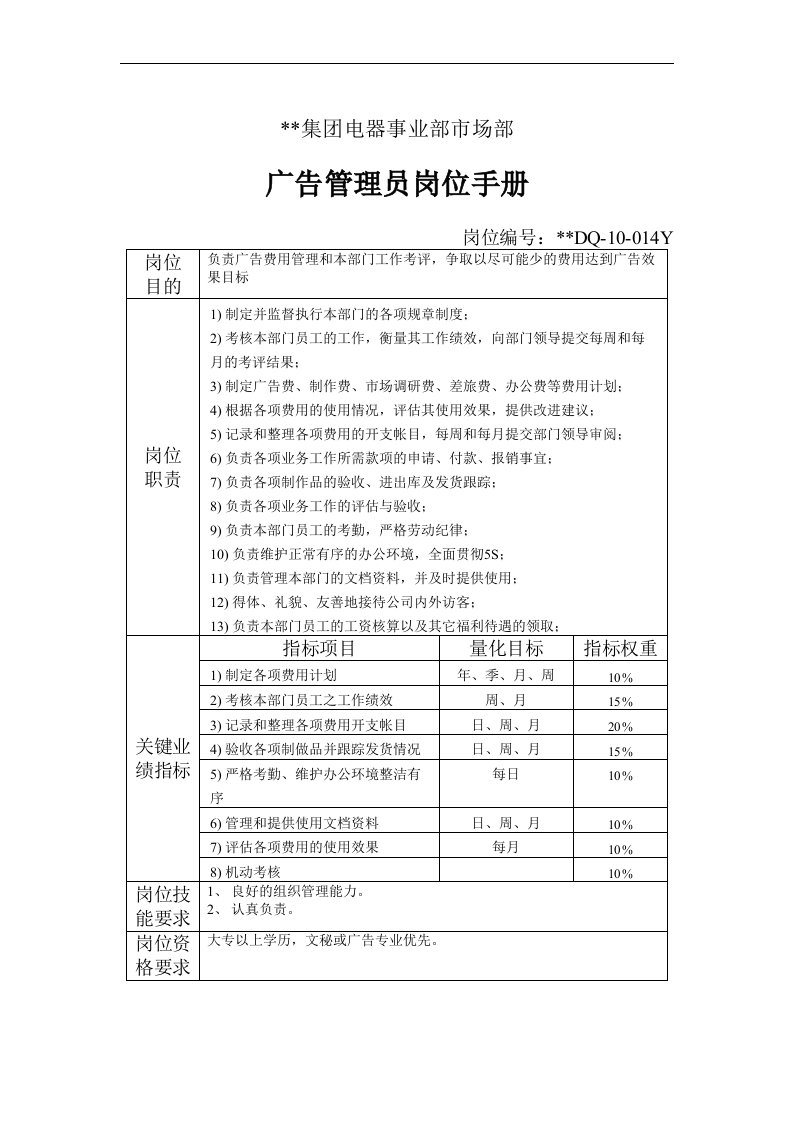 【管理精品】电器事业部市场部广告管理员岗位手册一