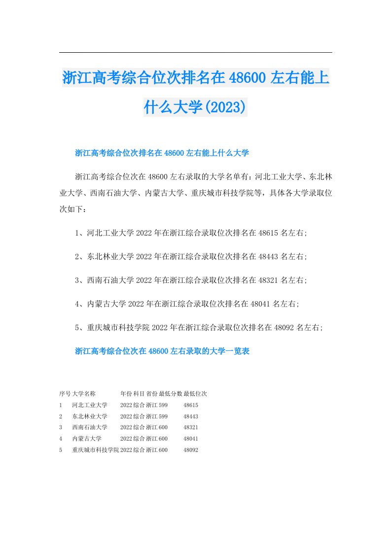 浙江高考综合位次排名在48600左右能上什么大学()