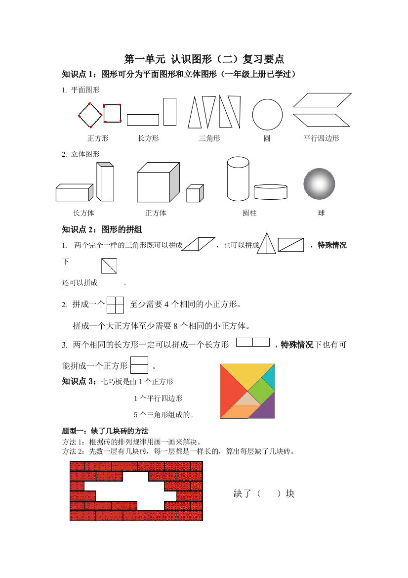 2012新人教版一年级下册认识图形二复习要点