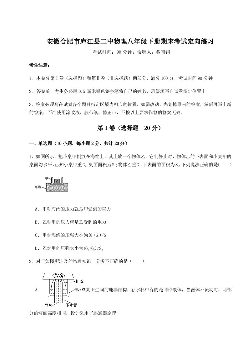 专题对点练习安徽合肥市庐江县二中物理八年级下册期末考试定向练习试题（含答案解析版）