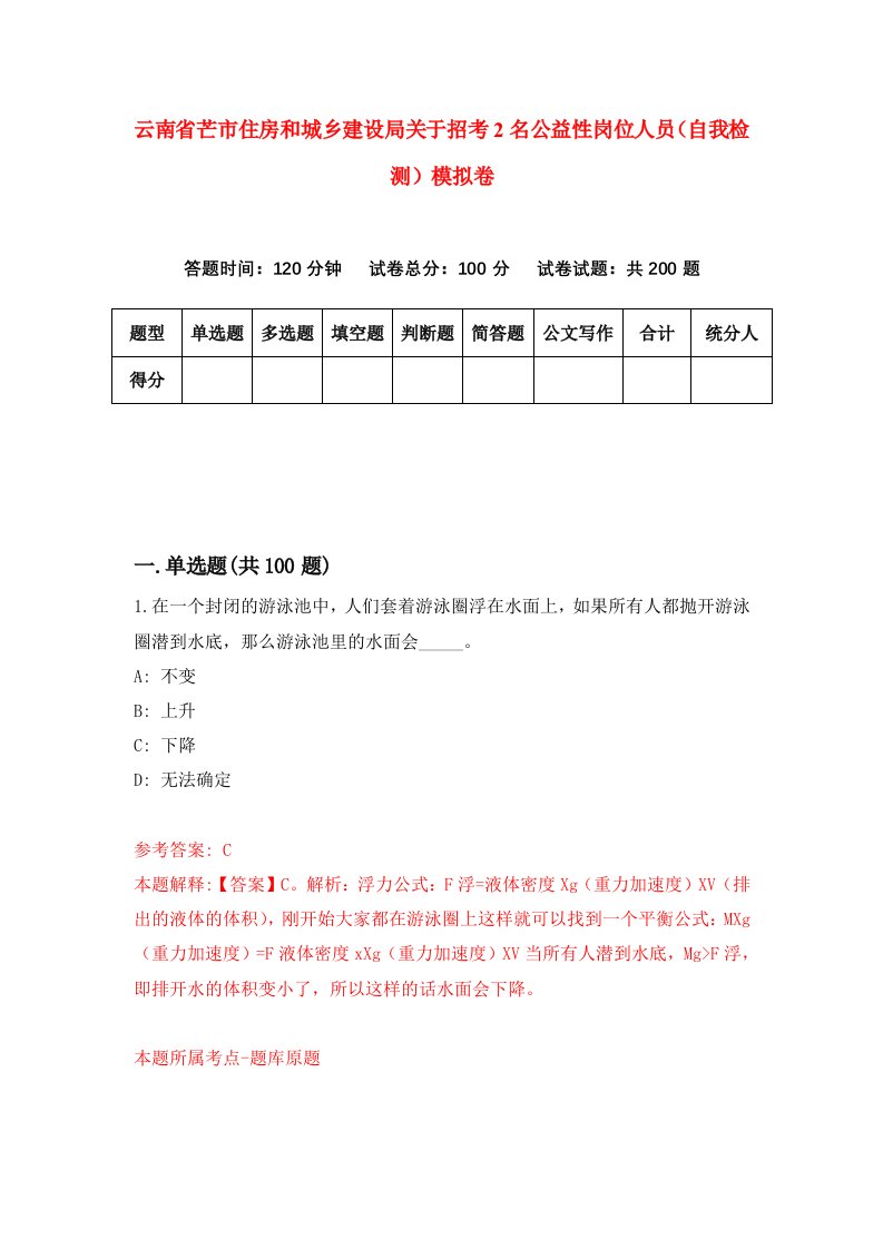 云南省芒市住房和城乡建设局关于招考2名公益性岗位人员自我检测模拟卷第4套