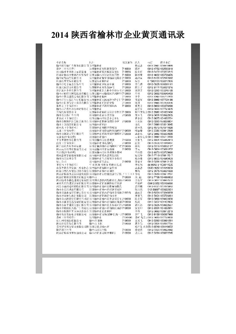 2014陕西省榆林市企业黄页通讯录