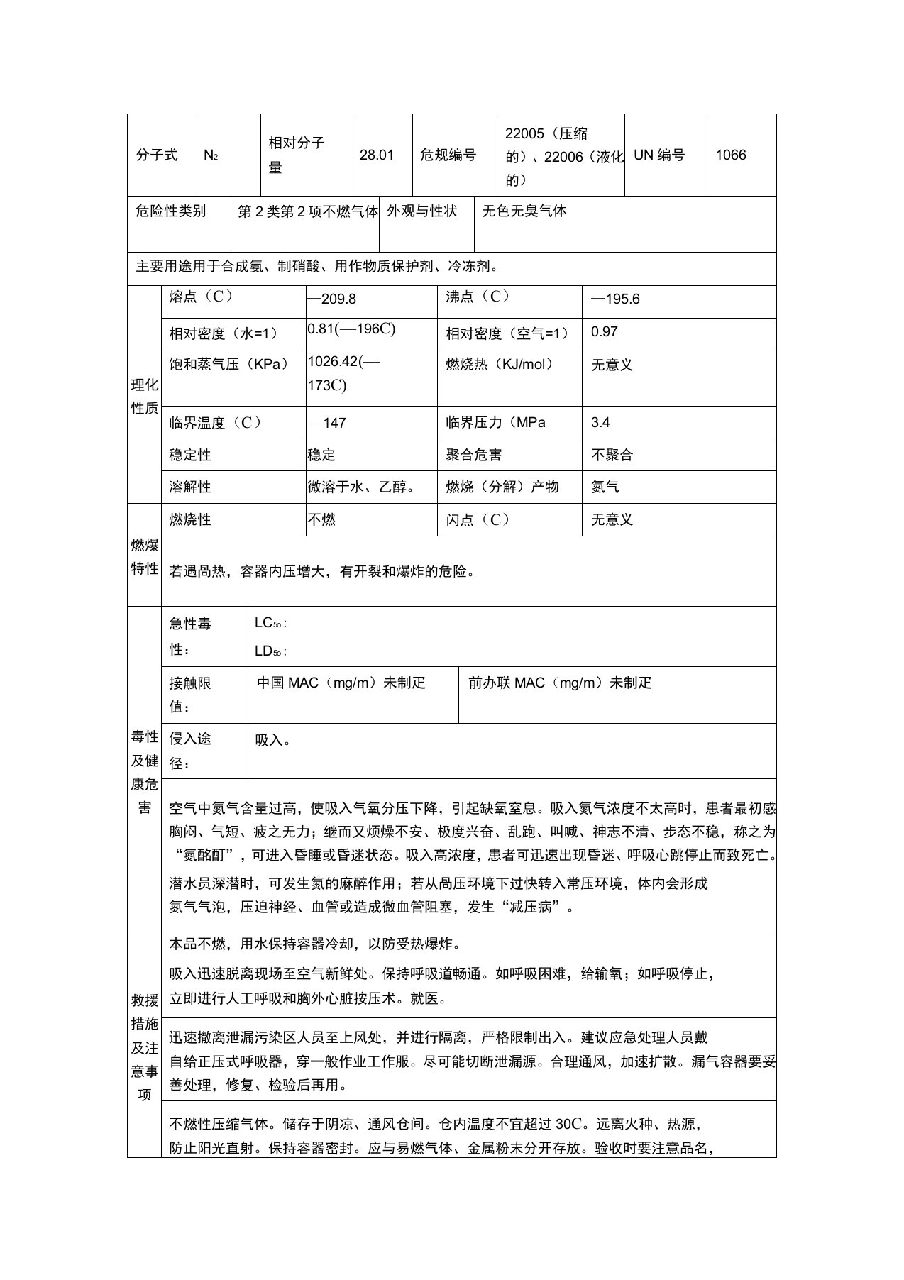 氮气理化特性表