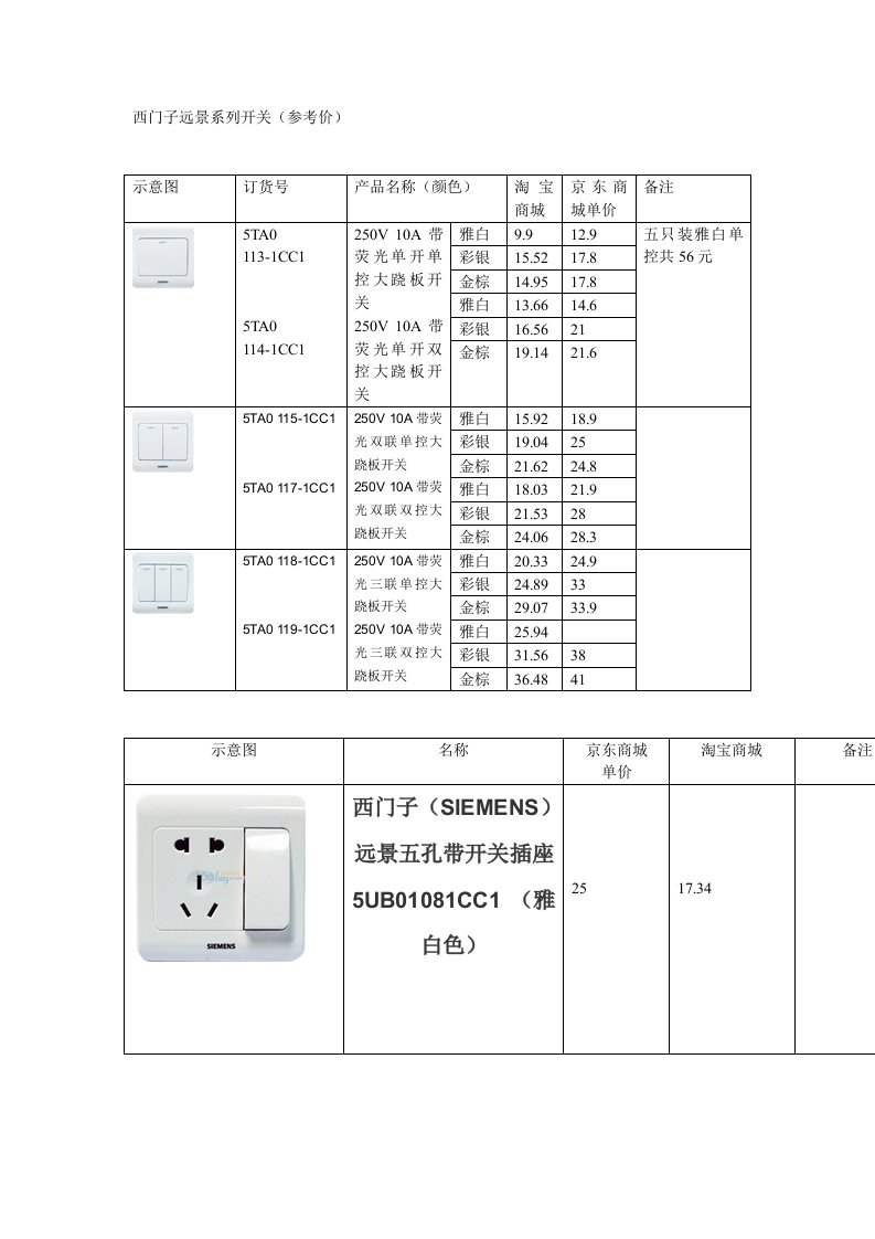 西门子远景系列开关京东商城参考价