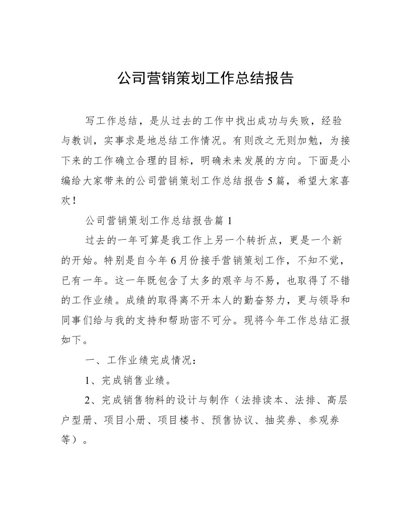 公司营销策划工作总结报告